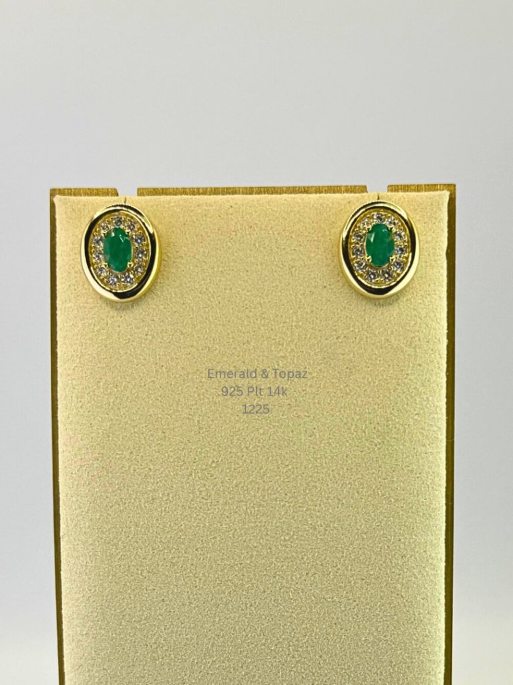 Natural Emerald & White Topaz Halo Earrings 925 Sterling Silver 14K Gold Plated